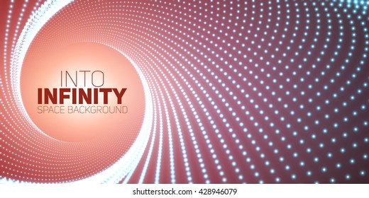 Vector infinite round twisted tunnel of shining flares on blue background. Glowing points form tunnel. Abstract cyber colorful background. Elegant modern geometric wallpaper. Shining points swirl.