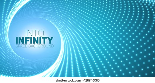 Vector infinite round twisted tunnel of shining flares on blue background. Glowing points form tunnel. Abstract cyber colorful background. Elegant modern geometric wallpaper. Shining points swirl.