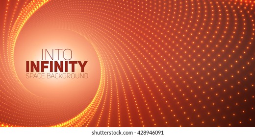 Vector infinite round twisted tunnel of shining flares on red background. Glowing points form tunnel. Abstract cyber colorful background. Elegant modern geometric wallpaper. Shining points swirl.