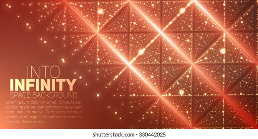 Vector infinite space background. Matrix of glowing stars with illusion of depth and perspective. Abstract futuristic universe on light background with place for text or logo. Fire lattice of nebula.