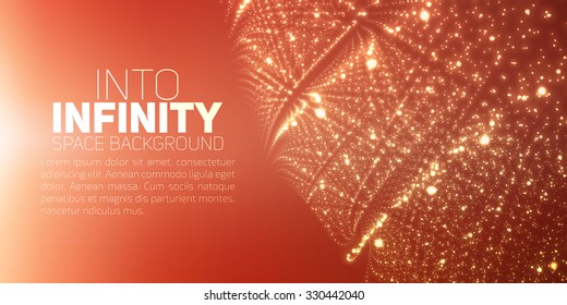 Vector infinite space background. Matrix of glowing stars with illusion of depth and perspective. Abstract futuristic universe on light red background with place for text. Nebula structure lattice.