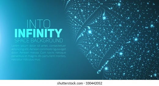 Vector infinite space background. Matrix of glowing stars with illusion of depth and perspective. Abstract futuristic universe on blue background with place for text. Nebula structure lattice.