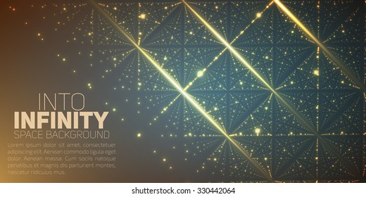 Vector infinite space background. Matrix of glowing stars with illusion of depth and perspective. Abstract futuristic universe on dark background with place for text or logo. Nebula lattice.