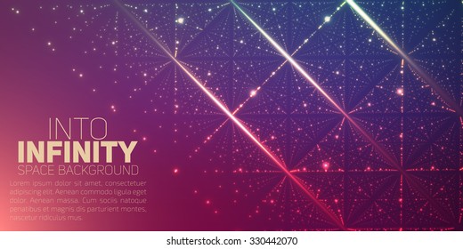 Vector infinite space background. Matrix of glowing stars with illusion of depth and perspective. Abstract futuristic universe on light background with place for text or logo. Nebula lattice.