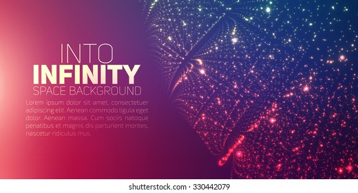 Vector infinite space background. Matrix of glowing stars with illusion of depth and perspective. Abstract futuristic universe on violet background with place for text. Nebula structure lattice.