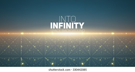 Vector infinite space background. Matrix of glowing stars with illusion of depth and perspective. Abstract cyber fiery sunrise. Abstract futuristic universe on dark turquoise background.