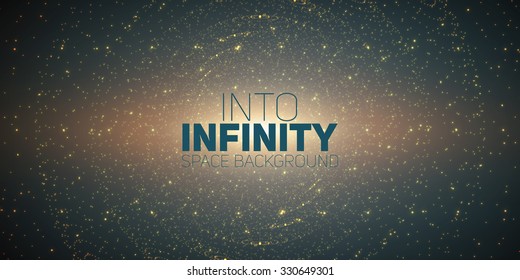 Vector infinite space background. Matrix of glowing stars with illusion of depth and perspective. Sparkling stars of nebula. Abstract futuristic hyperspace universe on dark green background.