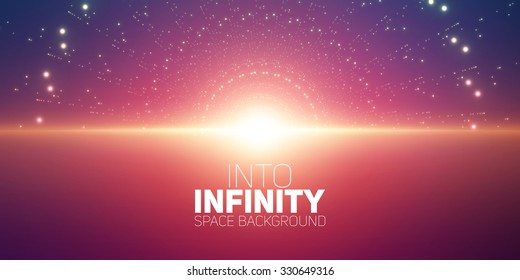 Vector infinite space background. Matrix of glowing stars with illusion of depth and perspective. Abstract cyber fiery sunrise over sea. Abstract futuristic universe on dark violet background. 