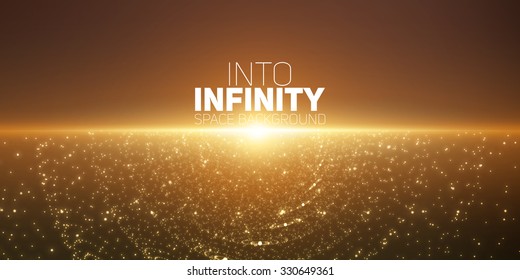 Vector infinite space background. Matrix of glowing stars with illusion of depth and perspective. Abstract cyber fiery sunrise. Abstract futuristic universe on dark gold background.