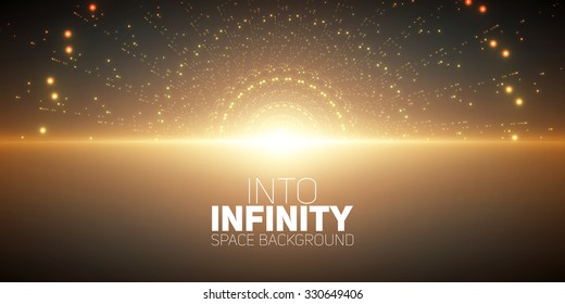 Vector infinite space background. Matrix of glowing stars with illusion of depth and perspective. Abstract cyber fiery sunrise over sea. Abstract futuristic universe on dark turquoise background. 