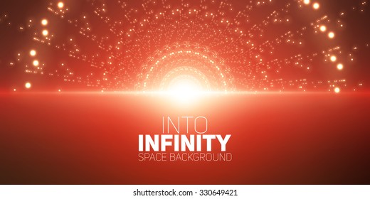 Vector infinite space background. Matrix of glowing stars with illusion of depth and perspective. Abstract cyber fiery sunrise over sea. Abstract futuristic universe on dark red background. 