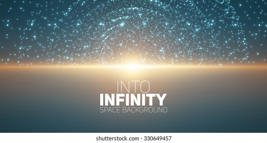 Vector infinite space background. Matrix of glowing stars with illusion of depth and perspective. Abstract cyber fiery sunrise over sea. Abstract futuristic universe on light blue background.