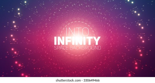 Vector infinite space background. Matrix of glowing stars with illusion of depth and perspective. Sparkling stars of nebula. Abstract futuristic hyperspace universe on dark violet background.