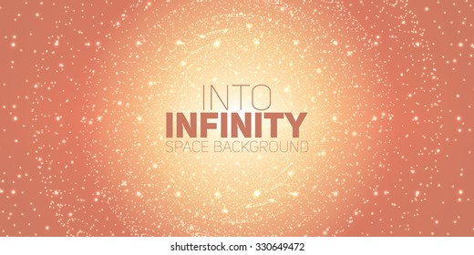Vector infinite space background. Matrix of glowing stars with illusion of depth and perspective. Sparkling stars of nebula. Abstract futuristic hyperspace universe on light orange background.