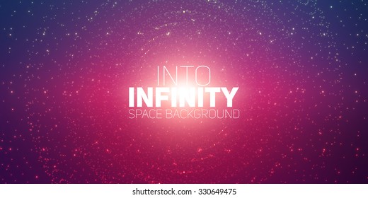 Vector infinite space background. Matrix of glowing stars with illusion of depth and perspective. Sparkling stars of nebula. Abstract futuristic hyperspace universe on dark violet background.