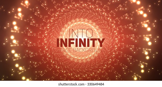 Vector infinite space background. Matrix of glowing stars with illusion of depth and perspective. Sparkling stars of nebula. Abstract futuristic hyperspace universe on dark red background.