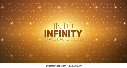 Vector infinite space background. Matrix of glowing stars with illusion of depth, perspective. Geometric backdrop with point array as lattice. Abstract futuristic universe on dark orange background.