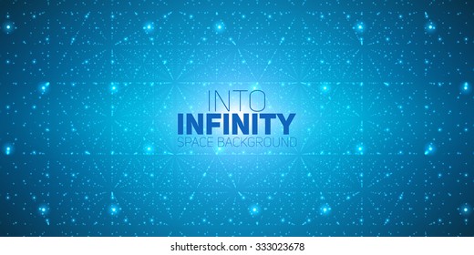 Vector infinite space background. Matrix of glowing stars with illusion of depth, perspective. Geometric backdrop with point array as lattice. Abstract futuristic universe on light blue background.
