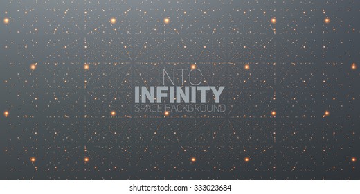Vector infinite space background. Matrix of glowing stars with illusion of depth, perspective. Geometric backdrop with point array as lattice. Abstract futuristic universe on dark gray background.