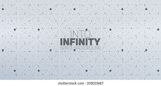 Vector infinite space background. Matrix of glowing stars with illusion of depth, perspective. Geometric backdrop with point array as lattice. Abstract futuristic universe on light gray background.