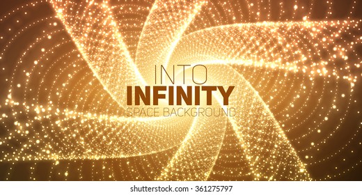 Vector infinite space background. Matrix of glowing stars with illusion of depth, perspective. Geometric backdrop with point array as lattice. Abstract futuristic universe on dark orange background.