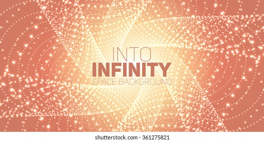 Vector infinite space background. Matrix of glowing stars with illusion of depth, perspective. Geometric backdrop with point array as lattice. Abstract futuristic universe on light orange background.
