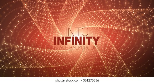 Vector infinite space background. Matrix of glowing stars with illusion of depth, perspective. Geometric backdrop with point array as lattice. Abstract futuristic universe on dark red background.