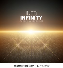 Vector infinite space background. Matrix of glowing stars with illusion of depth and perspective. Abstract cyber fiery sunrise over sea. Abstract futuristic universe on dark blue background.