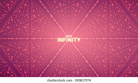 Vector infinite space background. Matrix of glowing stars with illusion of depth, perspective. Geometric backdrop with point array as lattice. Abstract futuristic universe on violet background.