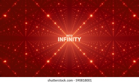 Vector infinite space background. Matrix of glowing stars with illusion of depth, perspective. Geometric backdrop with point array as lattice. Abstract futuristic universe on red background.
