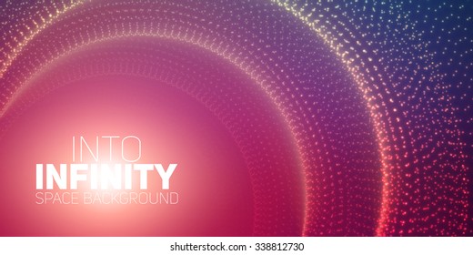Vector infinite space background. Tunnel of glowing stars with illusion of depth and perspective. Abstract futuristic universe on light violet background with place for text. Nebula structure lattice.