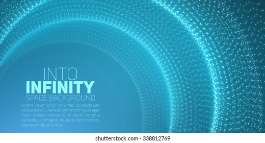 Vector infinite space background. Tunnel of glowing stars with illusion of depth and perspective. Abstract futuristic universe on light blue background with place for text. Nebula structure lattice.