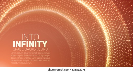 Vector infinite space background. Tunnel of glowing stars with illusion of depth and perspective. Abstract futuristic universe on light orange background with place for text. Nebula structure lattice.