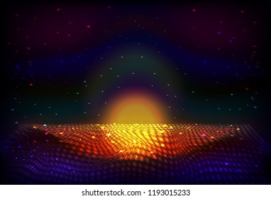 Vector infinite space night background. Matrix of glowing stars with illusion of depth and perspective. Abstract cyber fiery sunrise.  Abstract energy, fantasy space. Abstract futuristic universe.