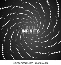 Vector infinite spirals tunnel of shining flares on black background. Glowing points form tunnel sectors. Abstract cyber monochrome background for your designs. Elegant modern geometric wallpaper.