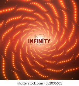 Vector infinite spirals tunnel of shining flares on red background. Glowing points form tunnel sectors. Abstract cyber colorful background for your designs. Elegant modern geometric wallpaper.
