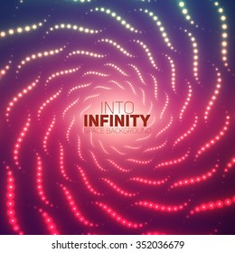 Vector infinite spirals tunnel of shining flares on violet background. Glowing points form tunnel sectors. Abstract cyber colorful background for your designs. Elegant modern geometric wallpaper.