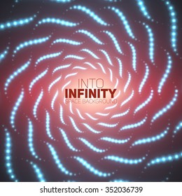 Vector infinite spirals tunnel of shining flares on red background. Glowing points form tunnel sectors. Abstract cyber colorful background for your designs. Elegant modern geometric wallpaper.