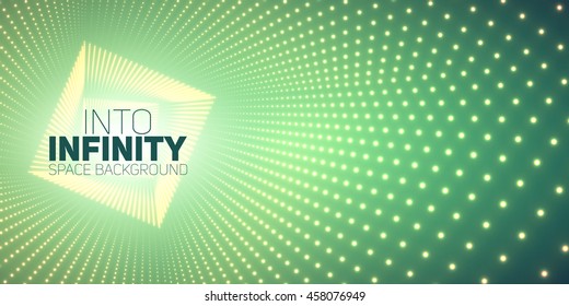 Vector infinite square twisted tunnel of shining flares on green background. Glowing points form tunnel. Abstract cyber colorful background. Elegant modern geometric wallpaper. Shining points swirl.