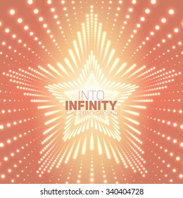 Vector infinite star tunnel of shining flares on orange background. Glowing points form tunnel sectors. Abstract cyber colorful background for your designs. Elegant modern geometric wallpaper.