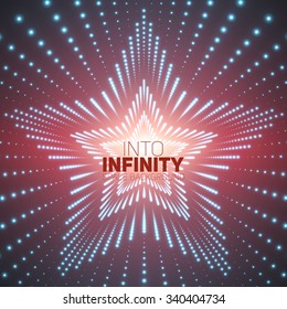 Vector infinite star tunnel of shining flares on red background. Glowing points form tunnel sectors. Abstract cyber colorful background for your designs. Elegant modern geometric wallpaper.