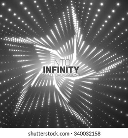 Vector infinite star twisted tunnel of shining flares on black background. Glowing points form tunnel sectors. Abstract cyber monochrome background. Elegant modern geometric wallpaper.