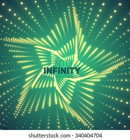 Vector infinite star twisted tunnel of shining flares on green background. Glowing points form tunnel sectors. Abstract cyber colorful background. Elegant modern geometric wallpaper.