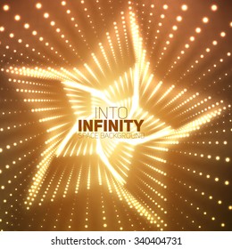 Vector infinite star twisted tunnel of shining flares on orange background. Glowing points form tunnel sectors. Abstract cyber colorful background. Elegant modern geometric wallpaper.
