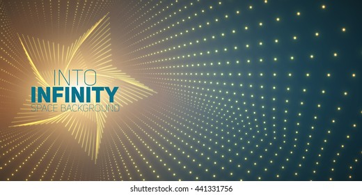 Vector infinite star twisted tunnel of shining flares on green background. Glowing points form tunnel. Abstract cyber colorful background. Elegant modern geometric wallpaper. Shining points swirl.