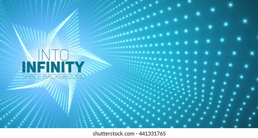 Vector infinite star twisted tunnel of shining flares on blue background. Glowing points form tunnel. Abstract cyber colorful background. Elegant modern geometric wallpaper. Shining points swirl.