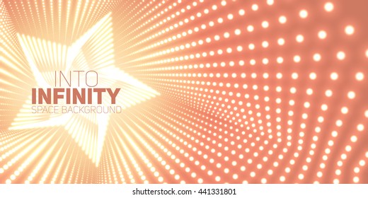 Vector infinite star twisted tunnel of shining flares on orange background. Glowing points form tunnel. Abstract cyber colorful background. Elegant modern geometric wallpaper. Shining points swirl