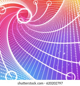 Vector infinite triangle space tunnel of glowing points and springs. Shining flares on abstract cyber and future colorful background. Techno elegant geometric wallpaper.