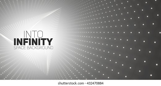 Vector infinite triangle twisted tunnel of shining flares on black background. Glowing points form tunnel. Abstract cyber colorful background. Elegant modern geometric wallpaper. Shining points swirl.