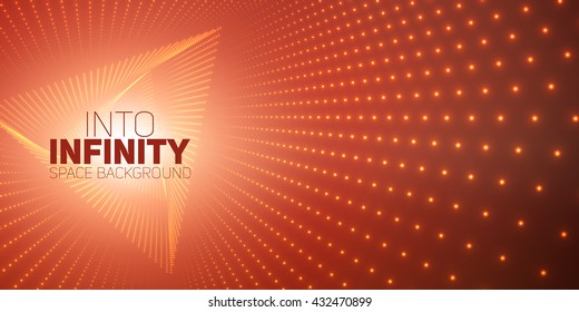 Vector infinite triangle twisted tunnel of shining flares on red background. Glowing points form tunnel. Abstract cyber colorful background. Elegant modern geometric wallpaper. Shining points swirl.